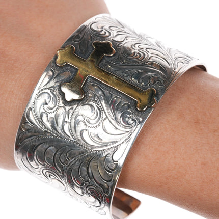 6.8" Vogt Hand Engraved sterling silver gold filled cross wide band cuff bracelet - Estate Fresh Austin