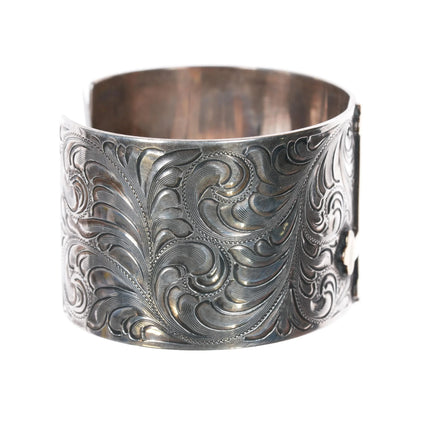 6.8" Vogt Hand Engraved sterling silver gold filled cross wide band cuff bracelet - Estate Fresh Austin