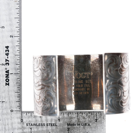 6.8" Vogt Hand Engraved sterling silver gold filled cross wide band cuff bracelet - Estate Fresh Austin