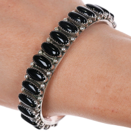 6.85" Vintage Navajo sterling silver onyx row cuff bracelet Interior stamping - Estate Fresh Austin