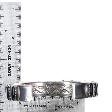 6.85" Vintage Navajo sterling silver onyx row cuff bracelet Interior stamping - Estate Fresh Austin