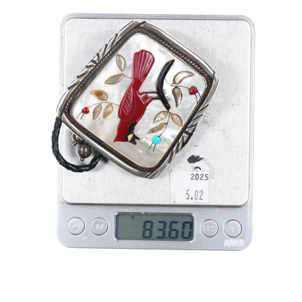 c1970 Large Tom Cowboy Zuni sterling cardinal redbird inlay bolo tie - Estate Fresh Austin