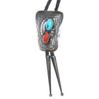 c1980 Navajo sterling silver turquoise, and coral bolo tie with leaf design - Estate Fresh Austin