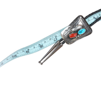 c1980 Navajo sterling silver turquoise, and coral bolo tie with leaf design - Estate Fresh Austin