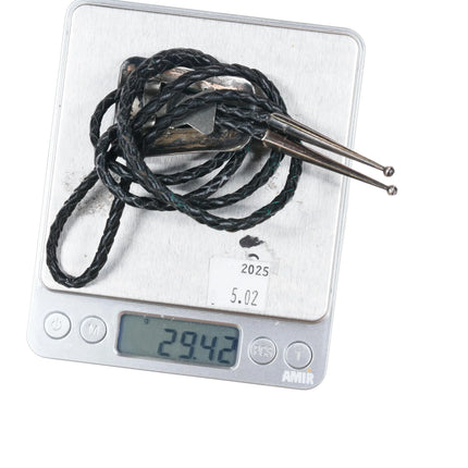 c1980 Navajo sterling silver turquoise, and coral bolo tie with leaf design - Estate Fresh Austin