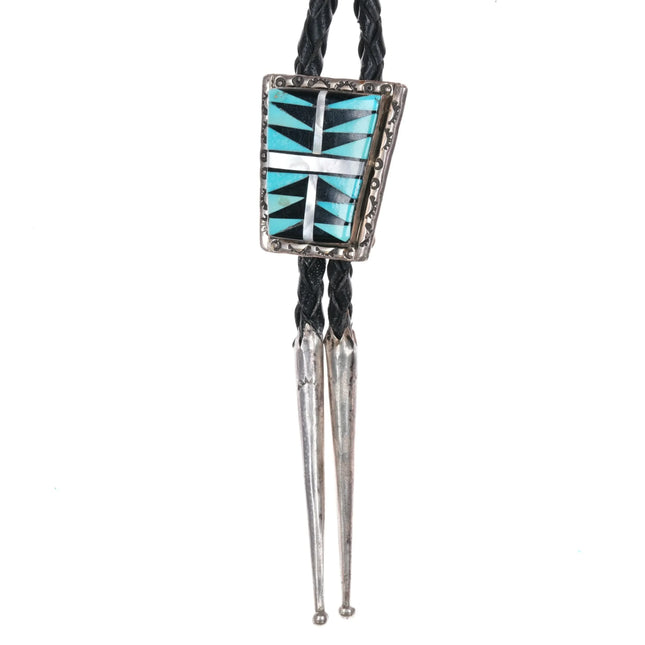 Vintage Zuni sterling silver intarsia inlay multi-stone bolo tie turquoise - Estate Fresh Austin