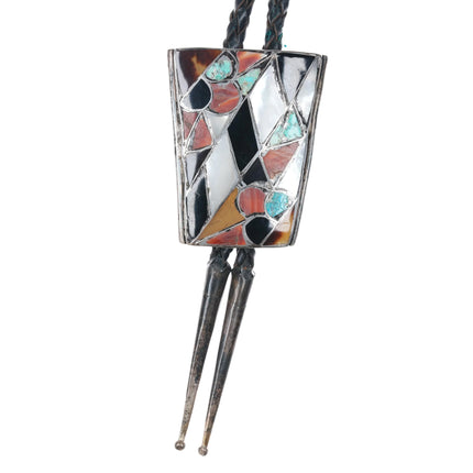 c1960 c-31 Zuni sterling silver abstract channel inlay multistone/shell bolo tie - Estate Fresh Austin
