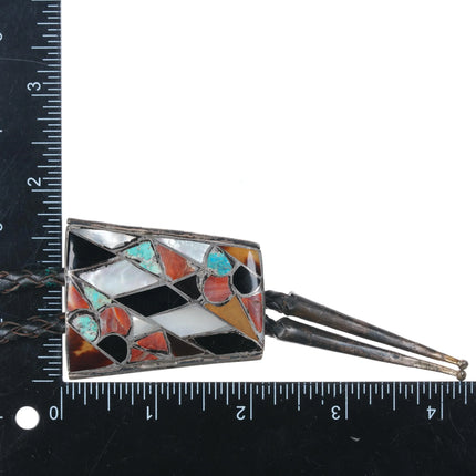 c1960 c-31 Zuni sterling silver abstract channel inlay multistone/shell bolo tie - Estate Fresh Austin