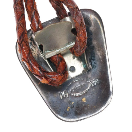 1970's M Navajo sterling silver shadowbox bolo tie with nice turquoise - Estate Fresh Austin