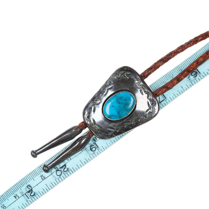 1970's M Navajo sterling silver shadowbox bolo tie with nice turquoise - Estate Fresh Austin