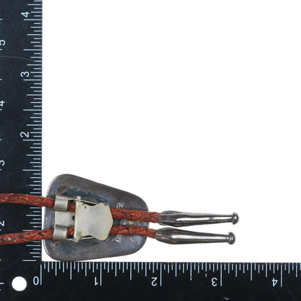 1970's M Navajo sterling silver shadowbox bolo tie with nice turquoise - Estate Fresh Austin