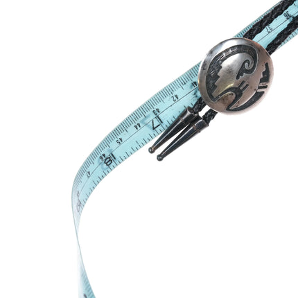 c1970 Navajo or Hopi Overlay bolo tie round sterling silver - Estate Fresh Austin