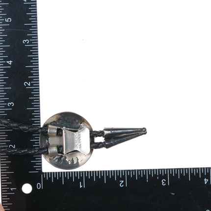 c1970 Navajo or Hopi Overlay bolo tie round sterling silver - Estate Fresh Austin