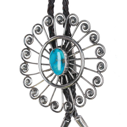 Large Vintage Puebloan sterling silver wire bolo tie with turquoise cabochon - Estate Fresh Austin