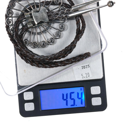 Large Vintage Puebloan sterling silver wire bolo tie with turquoise cabochon - Estate Fresh Austin