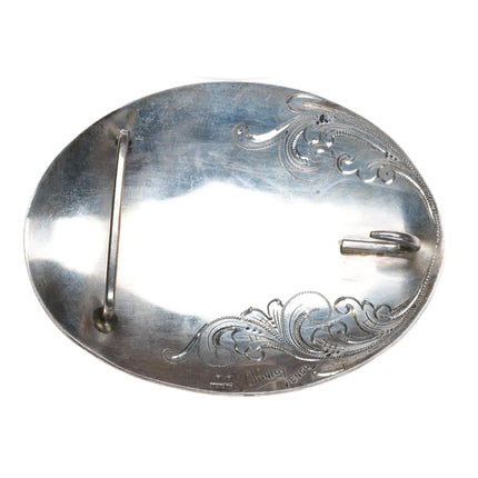 Clinton Finley Hand Engraved Big sterling silver belt buckle Wilford Chee Navajo - Estate Fresh Austin