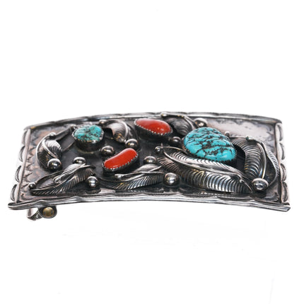 Large 1970's TK Emerson Navajo sterling silver, turquoise, red coral belt buckle - Estate Fresh Austin