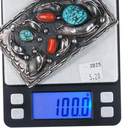 Large 1970's TK Emerson Navajo sterling silver, turquoise, red coral belt buckle - Estate Fresh Austin