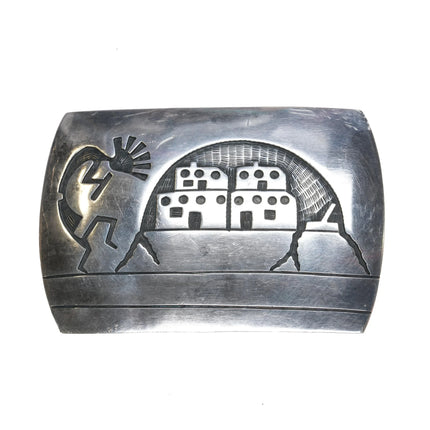 Mark Tawahongva Hopi Overlay Belt buckle w/ pueblos Kokopelli sterling silver - Estate Fresh Austin