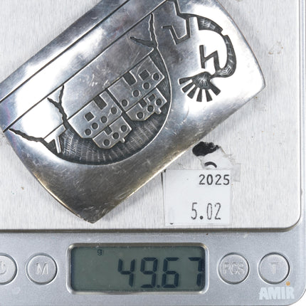 Mark Tawahongva Hopi Overlay Belt buckle w/ pueblos Kokopelli sterling silver - Estate Fresh Austin