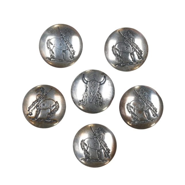 6 Vintage Southwestern sterling silver button cover set End of the Trail Cow - Estate Fresh Austin