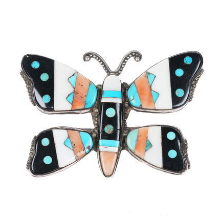 Huge 1940's Leo Poblano Zuni multi-stone inlay butterfly pin sterling silver - Estate Fresh Austin