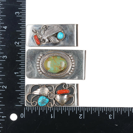 3 70's-80's Navajo sterling silver, turquoise, coral money clips - Estate Fresh Austin