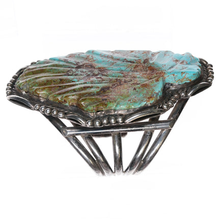 6.8" Huge 60's-70's Navajo sterling silver carved Turquoise leaf cuff bracelet - Estate Fresh Austin