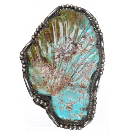 6.8" Huge 60's-70's Navajo sterling silver carved Turquoise leaf cuff bracelet - Estate Fresh Austin