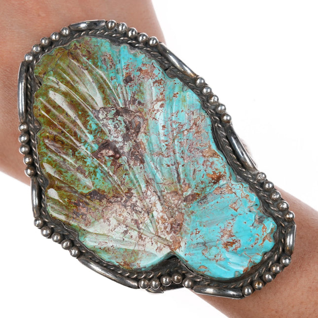 6.8" Huge 60's-70's Navajo sterling silver carved Turquoise leaf cuff bracelet - Estate Fresh Austin