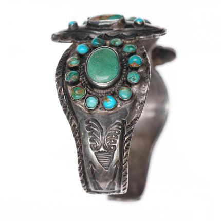 7" 20's-30's Butterfly stamped Navajo turquoise cuff bracelet sterling silver - Estate Fresh Austin