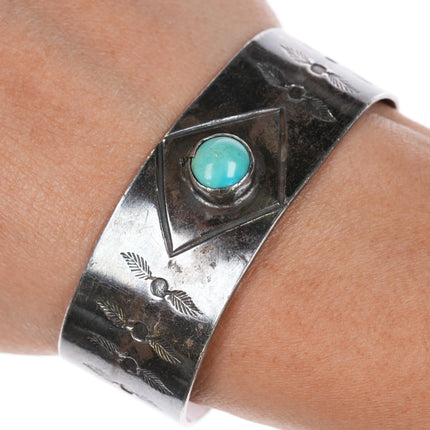 6" Vintage Native American sterling silver hand stamped turquoise cuff bracelet - Estate Fresh Austin