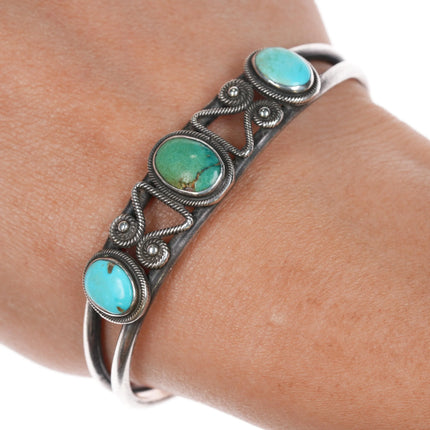 6.375" 20's-30's Navajo Ingot Silver 3 stone cuff bracelet w/nice twisted wire - Estate Fresh Austin