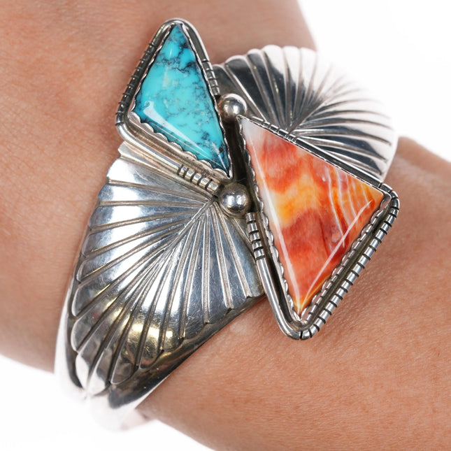 6.35" Vintage Navajo sterling silver turquoise, spiny oyster cuff bracelet - Estate Fresh Austin