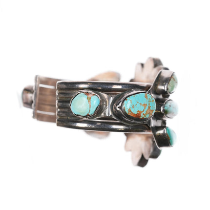 6.1" 40's-50's Navajo turquoise cluster cuff bracelet side stone sterling silver - Estate Fresh Austin