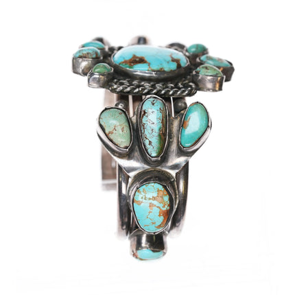 6.1" 40's-50's Navajo turquoise cluster cuff bracelet side stone sterling silver - Estate Fresh Austin