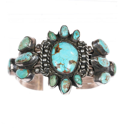 6.1" 40's-50's Navajo turquoise cluster cuff bracelet side stone sterling silver - Estate Fresh Austin