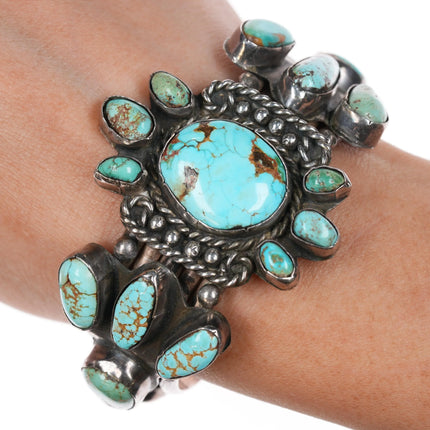 6.1" 40's-50's Navajo turquoise cluster cuff bracelet side stone sterling silver - Estate Fresh Austin