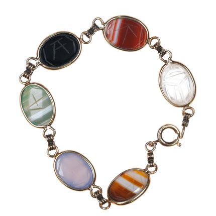 7" vintage 12k gold filled carved stone scarab egyptian revival link bracelet - Estate Fresh Austin