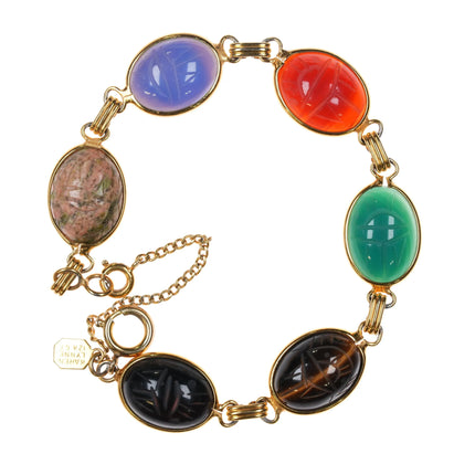 7" Karen Lynne 12k gold filled carve stone scarab egyptian revival link bracelet - Estate Fresh Austin
