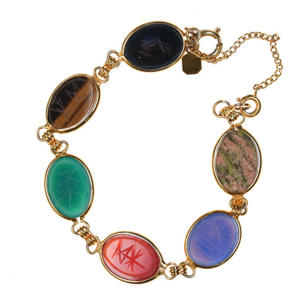 7" Karen Lynne 12k gold filled carve stone scarab egyptian revival link bracelet - Estate Fresh Austin
