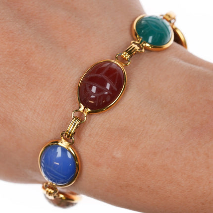 7" Karen Lynne 12k gold filled carve stone scarab egyptian revival link bracelet - Estate Fresh Austin