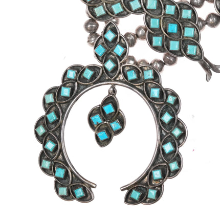 c1950 Zuni square cut turquoise cluster squash blossom necklace sterling silver - Estate Fresh Austin
