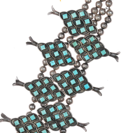 c1950 Zuni square cut turquoise cluster squash blossom necklace sterling silver - Estate Fresh Austin