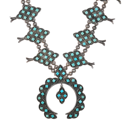 c1950 Zuni square cut turquoise cluster squash blossom necklace sterling silver - Estate Fresh Austin