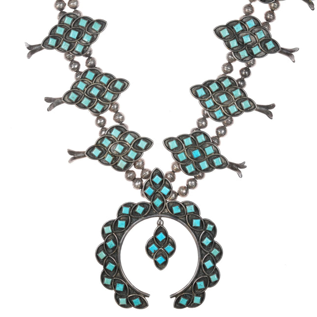 c1950 Zuni square cut turquoise cluster squash blossom necklace sterling silver - Estate Fresh Austin