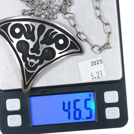 Vintage sterling silver scary monster face pendant necklace oxidized background - Estate Fresh Austin