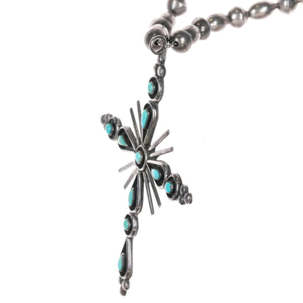 Big 60's-70's Vintage Zuni sterling silver cross needlepoint turquoise necklace - Estate Fresh Austin