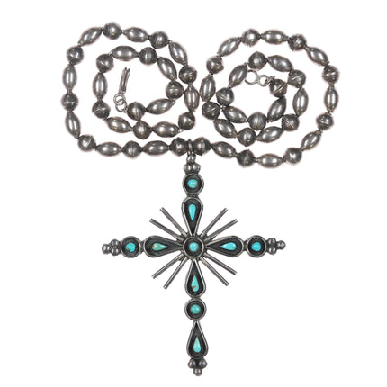 Big 60's-70's Vintage Zuni sterling silver cross needlepoint turquoise necklace - Estate Fresh Austin