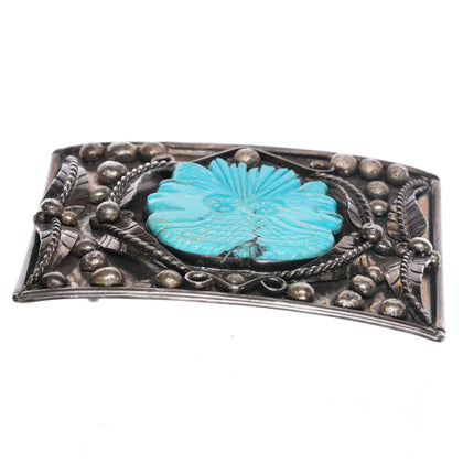 1970's Little Turtle Navajo sterling silver carved Kingman turquoise belt buckle - Estate Fresh Austin